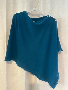 Lilly Pulitzer Teal Fringe-Trim Knit Poncho with Button Shoulder